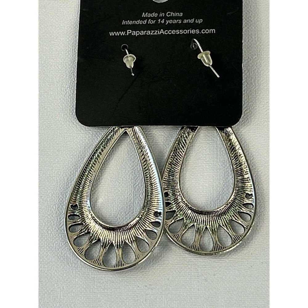 Paparazzi Earrings Lot Silver Teardrop Filigree & Beaded Hoop Dangle Set - Picture 6 of 10